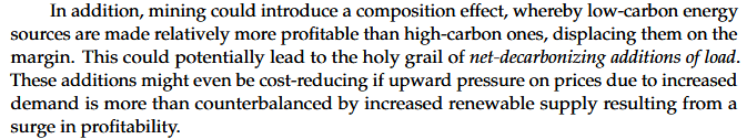 Extrait de l'étude : "In addition, mining could introduce a composition effect, whereby low-carbon energy sources are made relatively more profitable than high-carbon ones, displacing them on the margin. This could potentially lead to the holy grail of net-decarbonizing additions of load.Extrait de l'étude : "In addition, mining could introduce a composition effect, whereby low-carbon energy sources are made relatively more profitable than high-carbon ones, displacing them on the margin. This could potentially lead to the holy grail of net-decarbonizing additions of load. These additions might even be cost-reducing if upward pressure on prices due to increased demand is more than counterbalanced by increased renewable supply resulting from surge in profitability."